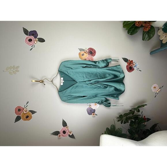 Diane Von Furstenberg Tops - Diane Von Furstenberg Teal Gathered Front Satin V-Neck Blouse - Size - 2